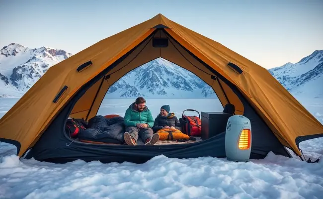 a couple sitting in a tent in the snow