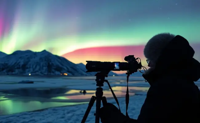 a person with a camera on a tripod