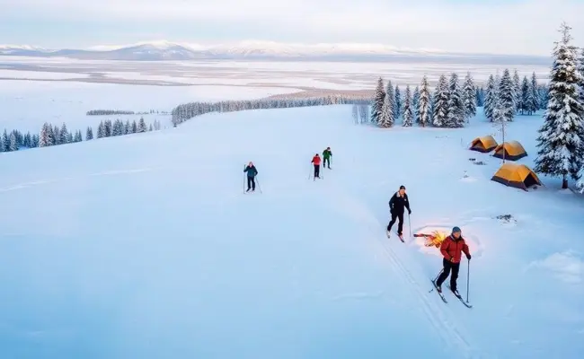 a group of people skiing on a snowy mountain