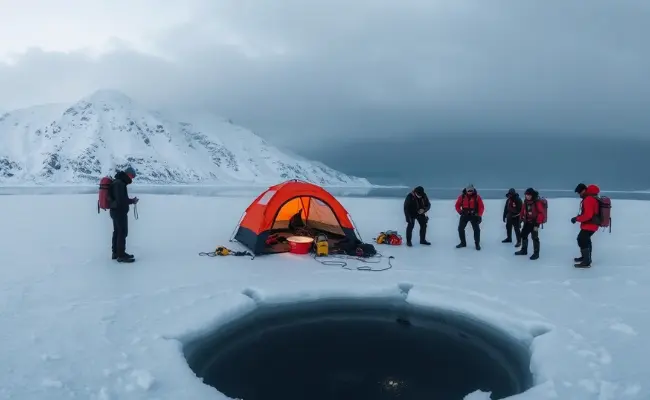 a group of people standing around a tent on a frozen lake