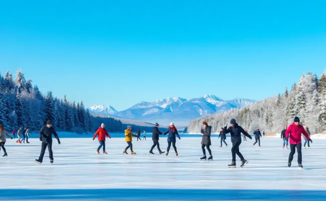 a group of people ice skating on a frozen lake