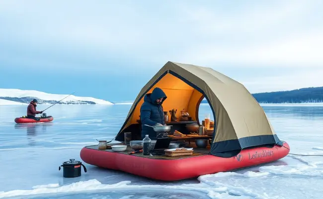 a person cooking in a tent on ice